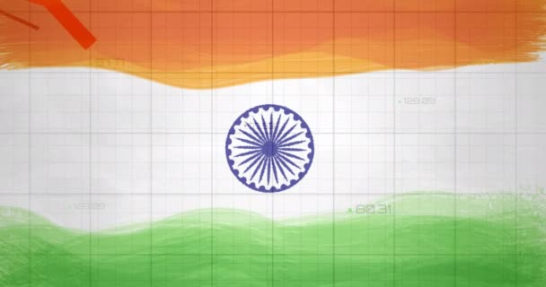 共19个细胞的组成和统计资料 红线在印度国旗上 全球Coronavirus大流行病印地安人医疗保健危机概念数码视频 — 图库视频影像