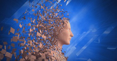 Mavi arka planda patlayan parçacıklarla oluşan insan büstü bileşimi. küresel teknoloji, veri işleme ve dijital olarak oluşturulmuş görüntü konsepti.