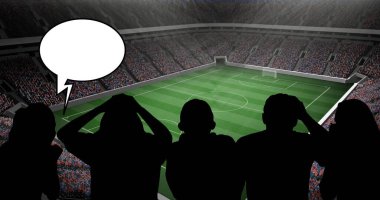 Spor hayranlarının silueti ve fotokopi alanı olan konuşma balonu. spor etkinliği ve yarışma konsepti dijital olarak oluşturulmuş görüntü.