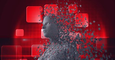 Patlayan insan büstünün bileşimi gri parçacıklar ve kırmızı ekran arka planıyla oluşmuş. küresel çevrimiçi kimlik ve güvenlik kavramı dijital olarak oluşturulmuş görüntü.