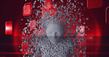 Patlayan insan büstünün bileşimi gri parçacıklar ve kırmızı ekran arka planıyla oluşmuş. küresel çevrimiçi kimlik ve güvenlik kavramı dijital olarak oluşturulmuş görüntü.