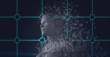 Patlayan insan büstünün bileşimi, arka planda gri parçacıklar ve yeşil çizgilerle oluşmuş. küresel çevrimiçi kimlik ve güvenlik kavramı dijital olarak oluşturulmuş görüntü.