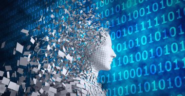 İkili kodlama üzerine parçacıklardan oluşan patlayan insan büstü bileşimi. küresel bilim, iş, teknoloji, bağlantılar ve dijital olarak oluşturulan ağ konsepti.