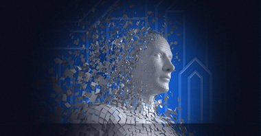 Mavi arka planda patlayan gri parçacıklarla oluşan insan büstü bileşimi. küresel teknoloji, veri işleme ve dijital olarak oluşturulmuş görüntü konsepti.