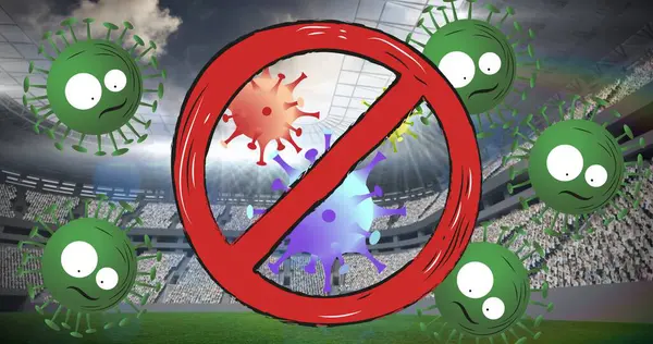 Composición Del Signo Prohibición Múltiples Células Coronavirus Sobre Estadio Deporte — Foto de Stock