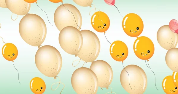 Composição Múltiplos Balões Amarelos Com Faces Fundo Verde Festa Celebração — Fotografia de Stock