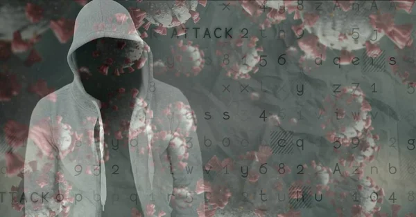 Kapüşonlu Bilgisayar Korsanı Covid Hücreleri Bilgisayar Ekranında Siber Saldırı Uyarısı — Stok fotoğraf