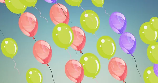 Zusammensetzung Aus Mehreren Rosa Grünen Und Lila Luftballons Auf Blauem — Stockfoto