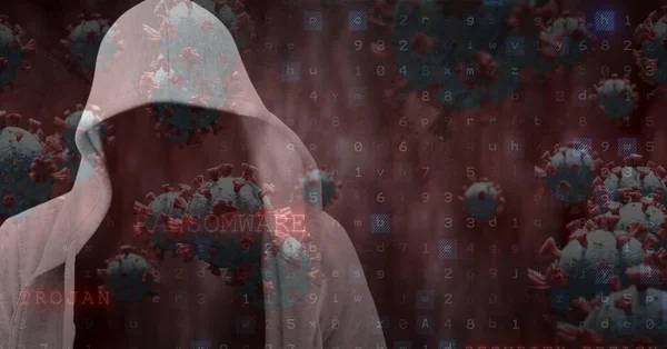 Összetétele Csuklyás Hacker Kovid Sejtek Zsarolóprogram Biztonsági Figyelmeztetés Üzenetet Globális — Stock Fotó
