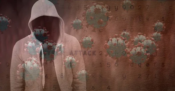 Složení Maskovaného Hackera Kovidními Buňkami Varováním Před Kybernetickým Útokem Obrazovce — Stock fotografie