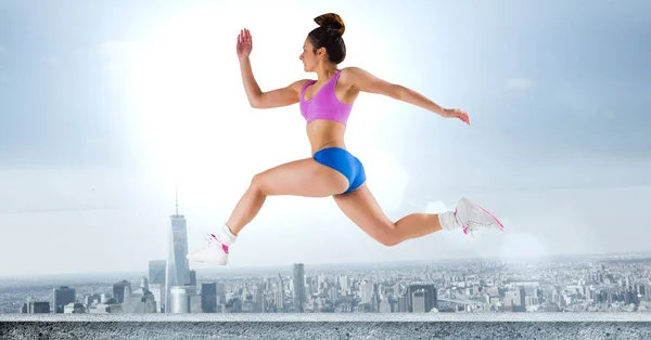 Composition Fit Woman Running Pink Blue Sportswear Copy Space Cityscape — Stock Photo, Image