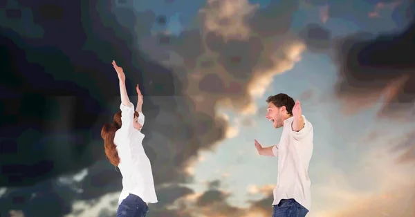 Composition Happy Couple Celebrating Arms Outstretched Cloudy Sky Free Time — Stock Photo, Image