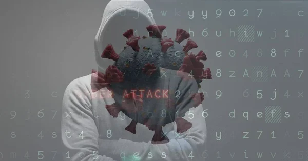 Sammansättning Huva Hacker Med Covid Cell Och Cyber Attack Varning — Stockfoto