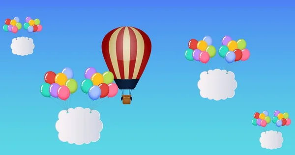 热气球和带有云的多个气球的组成 并在蓝色背景上复制空间 派对和庆祝的概念数字生成的图像 — 图库照片