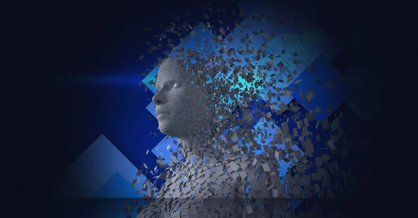 Composition Exploding Human Bust Formed Grey Particles Screens Blue Background — Stock Photo, Image
