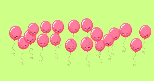 Composición Múltiples Globos Rosados Con Caras Sobre Fondo Verde Concepto — Foto de Stock