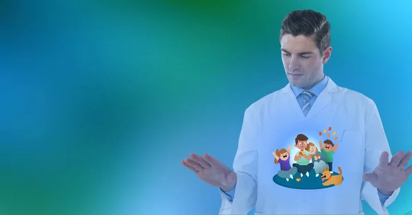 Zusammensetzung Der Männlichen Arzt Berühren Virtuellen Bildschirm Mit Menschen Illustration — Stockfoto