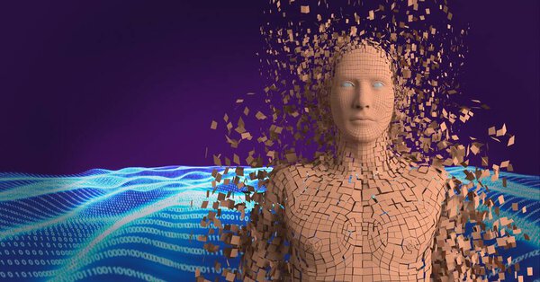 Composition of exploding human bust formed with orange particles and binary coding. global science, technology and data processing concept digitally generated image.