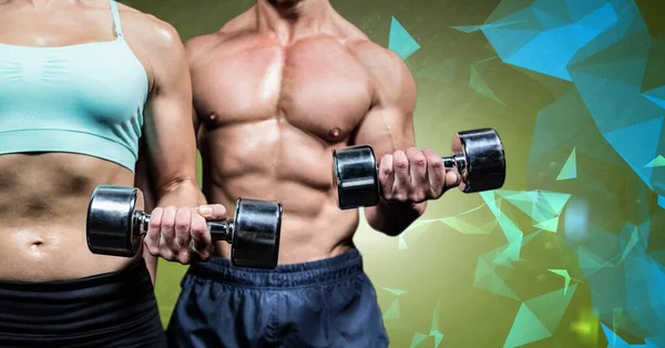 Composition of muscular man and woman exercising with dumbbells on colorful background. sport, fitness and active lifestyle concept digitally generated image.