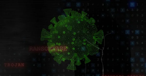 Composition of green covid cell and ransomware trojan security message on black computer screen. global coronavirus pandemic and cyber security concept digitally generated image.