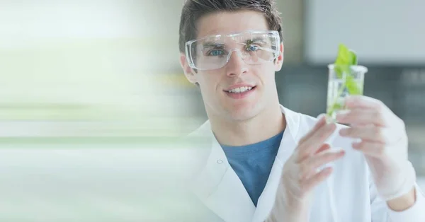 Composição Homem Cientista Segurando Copo Com Planta Laboratório Com Borrão — Fotografia de Stock