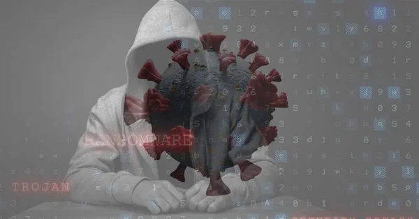 Composition Hooded Hacker Covid Cell Ransomware Trojan Warning Computer Screen — Stock Photo, Image