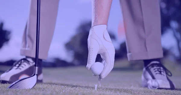 高尔夫球场低段男子高尔夫球手与球杆持球者的组成 健身和积极生活方式概念数字生成的形象 — 图库照片
