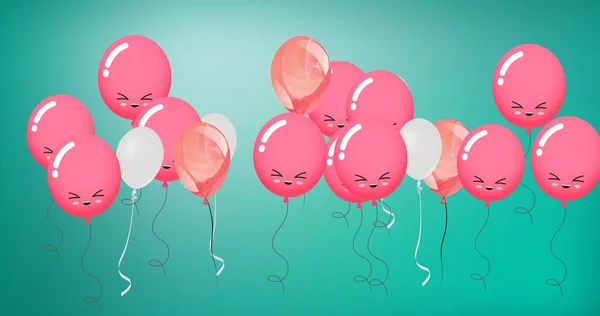 Zusammensetzung Mehrerer Pinkfarbener Luftballons Mit Gesichtern Auf Blauem Hintergrund Party — Stockfoto