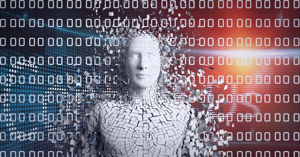 Состав взрывающегося человеческого бюста, образованного частицами над двоичным кодированием. глобальная наука, бизнес, технологии, связи и сетевая концепция.