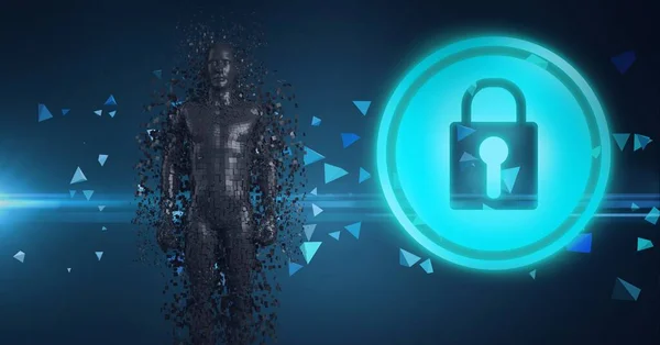 Composition of exploding metallic human body and online security padlock icon. global online identity and security concept digitally generated image.