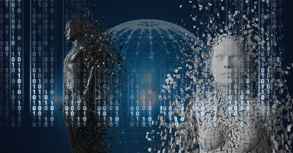 Composition Binary Coding Processing Exploding Human Busts Globe Global Technology — Stock Photo, Image