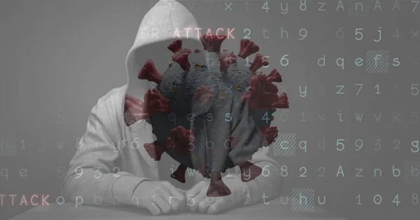 Samenstelling Van Hooded Hacker Met Covid Mobiele Cyber Aanval Waarschuwing — Stockfoto