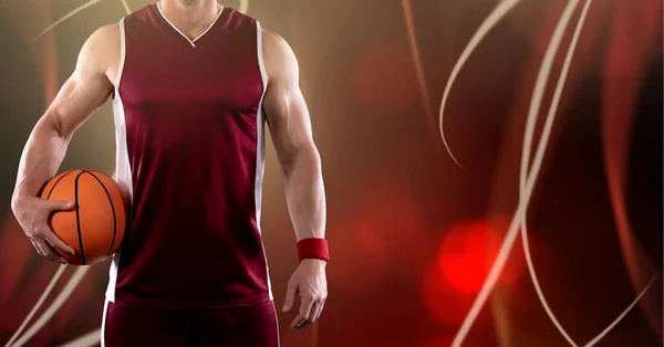 Composition Athletic Male Basketball Player Ball Red Background Sport Fitness — Stock Photo, Image