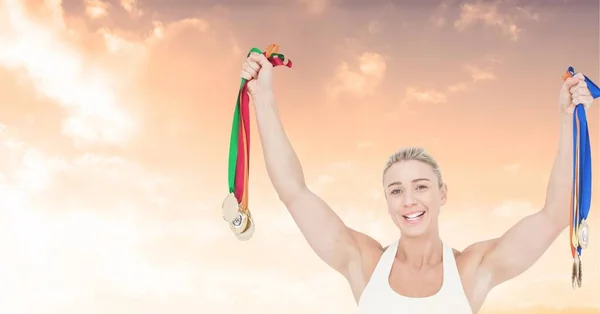 Composition Strong Smiling Caucasian Female Athlete Holding Medals Sky Sport — Stock Photo, Image