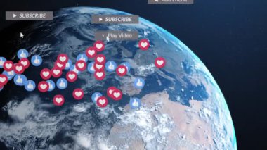 Mavi arka planda dünyanın dört bir yanında dijital simgeli pankartlarla sosyal medya metinlerinin animasyonu. küresel ağ, sosyal medya, teknoloji ve iletişim konsepti dijital olarak oluşturulmuş video.