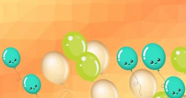 Turuncu arka planda uçan renkli balonların canlandırması. parti ve kutlama konsepti dijital olarak oluşturulmuş video.