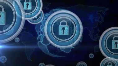 Dünya haritası üzerinde bağlantılar ve simgeler olan dünyanın animasyonu. küresel ağ, dijital arayüz, teknoloji ve iletişim konsepti dijital olarak oluşturulmuş video.