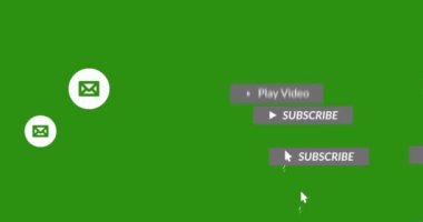 Yeşil zemin üzerinde dijital simgeler bulunan afişler üzerine sosyal medya metninin animasyonu. küresel ağ, sosyal medya, teknoloji ve iletişim konsepti dijital olarak oluşturulmuş video.