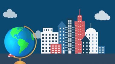 Şehrin üzerinde dönen dünyanın animasyonu. küresel bağlantılar, dijital arayüz ve teknoloji konsepti dijital olarak oluşturulmuş video.