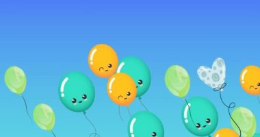 Mavi arka planda uçan renkli balonların canlandırması. parti ve kutlama konsepti dijital olarak oluşturulmuş video.