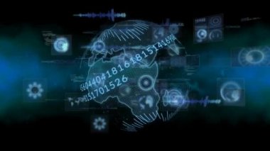 Veri işleme bileşimi dünya üzerindeki ekranlarda numaralarla birlikte. küresel bağlantılar, dijital arayüz ve teknoloji konsepti dijital olarak oluşturulmuş görüntü.