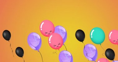 Turuncu arka planda uçan renkli balonların canlandırması. parti ve kutlama konsepti dijital olarak oluşturulmuş video.