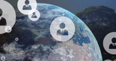 Dijital insanların dünya ve manzara üzerindeki simgelerinin bileşimi. küresel bağlantılar, dijital arayüz ve teknoloji konsepti dijital olarak oluşturulmuş görüntü.