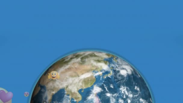 Animace Textu Sociálních Médií Bannerech Emojis Ver Globe Modrém Pozadí — Stock video