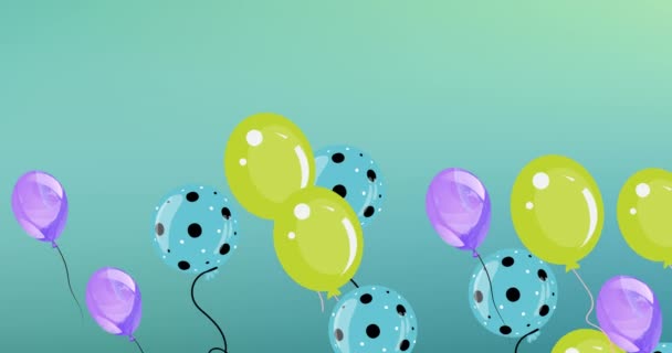 Animation Von Bunten Luftballons Die Auf Grünem Hintergrund Fliegen Party — Stockvideo