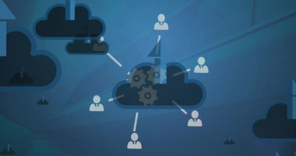 Animação Nuvem Setas Sobre Ícones Digitais Girando Fundo Azul Conexões — Vídeo de Stock