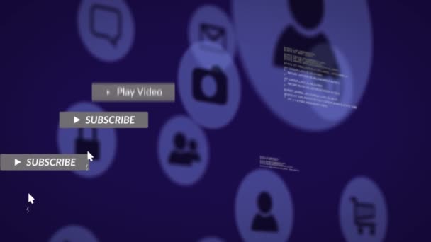 在带有紫色背景数字图标的横幅上动画社交媒体文字 全球网络 社交媒体 技术和通信概念 — 图库视频影像