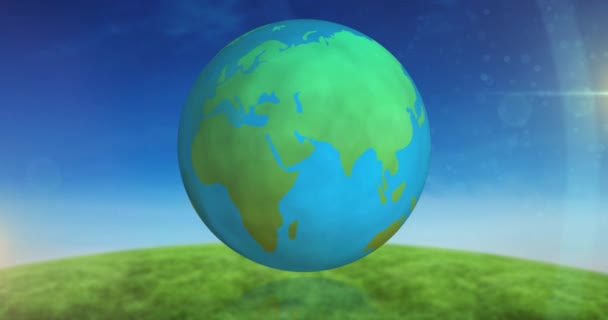 Animacja Niebiesko Zielonego Globu Wirującego Nad Niebem Krajobrazem Trawy Środowisko — Wideo stockowe