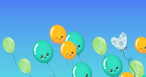 Κινούμενα Σχέδια Πολύχρωμων Μπαλονιών Πρόσωπα Που Πετούν Μπλε Φόντο Κόμμα — Αρχείο Βίντεο