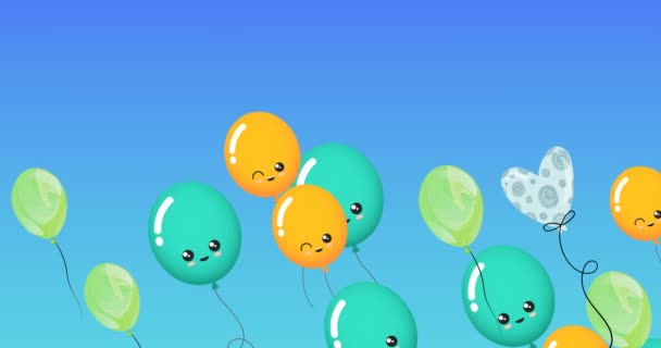 Animación Globos Colores Con Caras Volando Sobre Fondo Azul Concepto — Vídeos de Stock